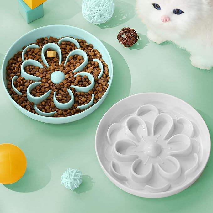 2 Pcs Cat Slow Feeder Bowl Cute Cat Food Bowl with Bloom Design Healthy Eating Diet Interactive Feeder Wet Dish for Pets Small Dogs(White, Green)