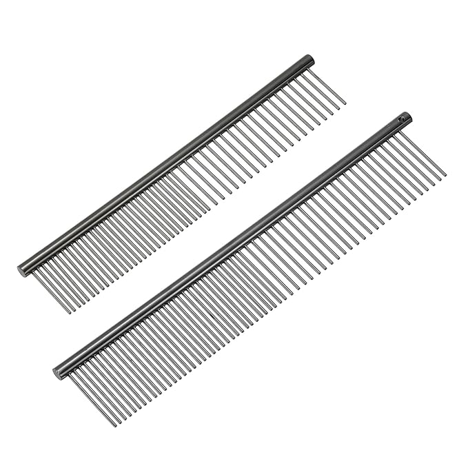 Dog Cat Comb, Pet Combs Stainless Steel Teeth with Rounded Ends for Knots Mats Loose Hair Removal, 6.5/7.5IN (Black Plated, 2 Pack), Grooming Tool Intended for Long Curly Hair Pet