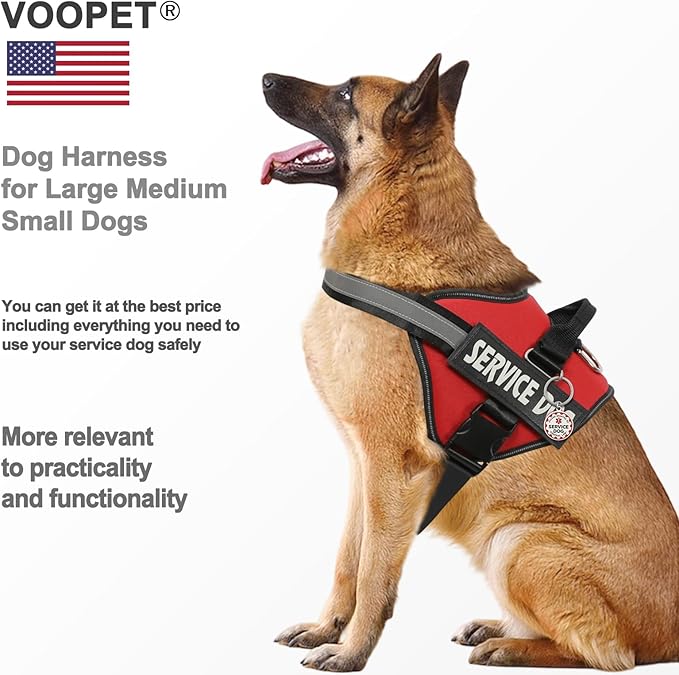 VOOPET Service Dog Vest Harness+ ID Tag and Leash Set+6 Patches,No Pull&Adjustable Reflective Dog Harness for Training,Suitable for Small Medium and Large Dogs.