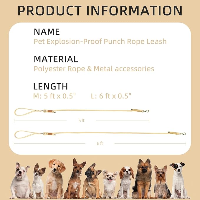 Wisedog Dog Leash for Small Dogs, 6FT Lightweight Rope Leash with PVC Soft Padded Handle, Rustproof 360°Swivel Buckle Heavy Duty for Medium & Large Dogs (Sand Color)