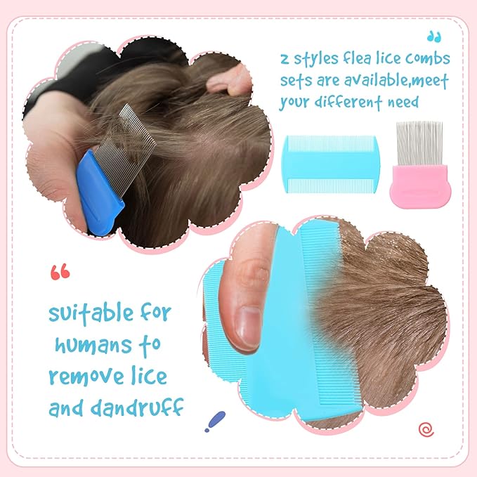Maitys 8 Pieces Flea Lice Combs Double Sided Lice Cats Dogs and Nit Removal Hair Grooming Plastic and Metal Comb, Head Hair Comb for Pets and Humans(3.5 x 2 Inchrs, 3.54 x 1.57 Inches,Pink, Blue)
