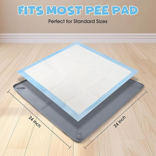 Dog Pee Pad Holder - 24" x 24" Silicone Non-Slip Puppy Pad Holder Tray with 4 Magnetic Clips, No Spill Raised Lip High Edge, Reusable Leak-Proof Potty Training Pad for Dogs, Grey