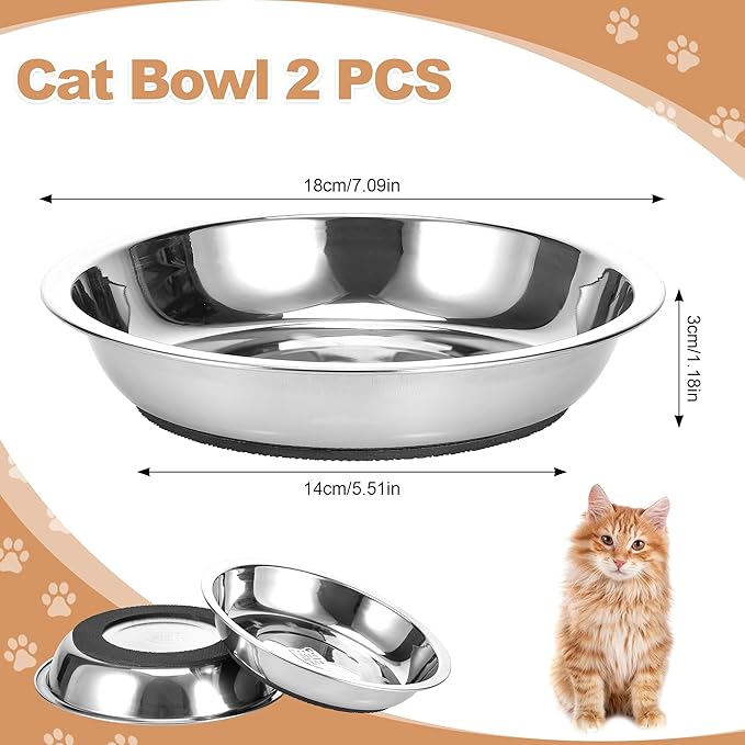 TranRantic 2 Pcs Stainless Steel Cat Bowls, Cats Food Bowls Whisker Friendly, 7 Inch/18cm Non-Slip Pet Bowl Cat Dish Feeding Bowls for Puppy, Small Dogs, Rabbits