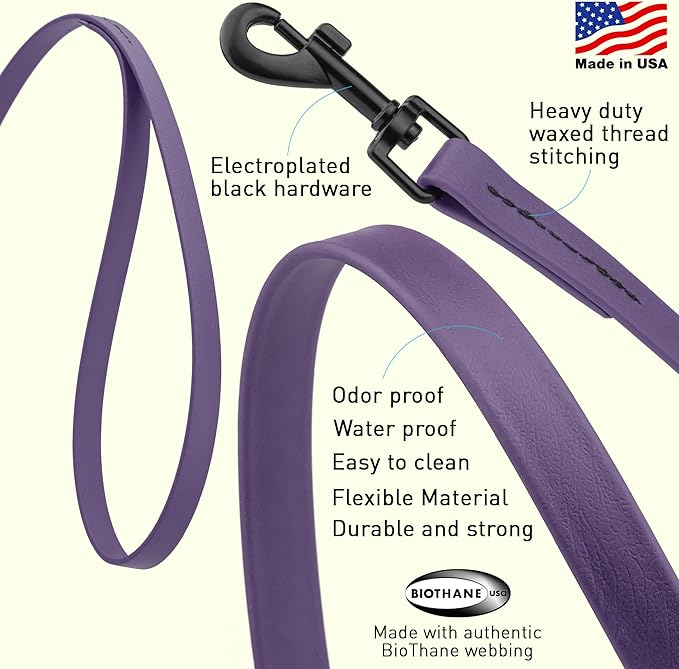 Dogline Biothane Waterproof Dog Leash Strong Coated Nylon Webbing with Black Hardware Odor-Proof Easy to Clean High Performance for Small or Large Dogs Made in USA 2 ft Lead, Violet Purple
