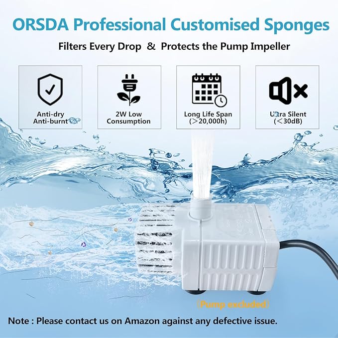 ORSDA Cat Water Fountain Pump Filters Pet Water Fountain Pump Sponges Compatible with All ORSDA/ZeePet Stainless Steel Dog and Cat Water Dispenser Black Filters Universal for All Models (8PCS)