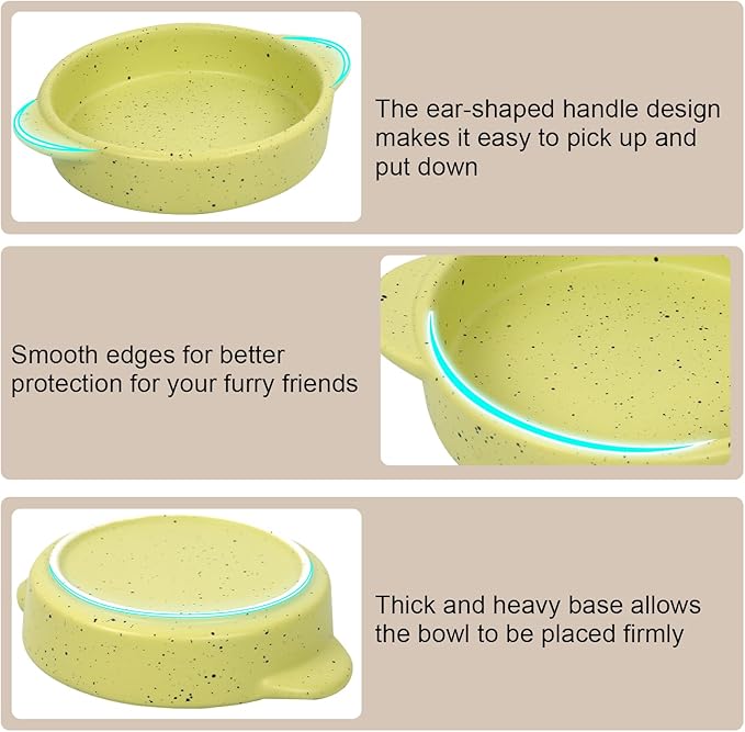 PETPLAYTIME Ceramic Cat Bowl with Handle, Speckled Pattern Shallow Cat Food Dish Wide Cats Wet Feeding Bowls, Dishwasher and Microwave Safe(5.5 in,Avocado Green)