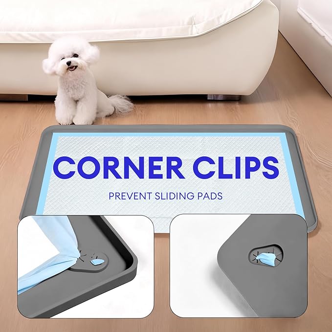 Pee Pad Holder for Dogs, 32"x21" Foldable Silicone Puppy Pad Tray with Built-in Clamps, Raised Edge Leak-Proof Potty Training Mat, Non-Slip Tear-Resistant Dog Pad Holder for Floor Protection