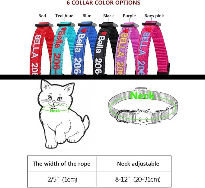 Customizable Breakaway Cat Collar Personalized Cat-ID Collar Embroidered Pet Name Phone Safety Collars with Bell