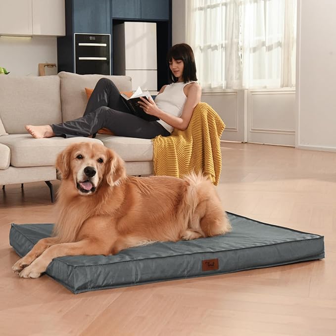 Outdoor Extra Large Dog Crate Bed, XXL Waterproof Dog Bed for Giant Breeds Dogs, 47x29 Inch Orthopedic Egg Crate Foam Pet Mat with Removable Cooling Cover, Grey