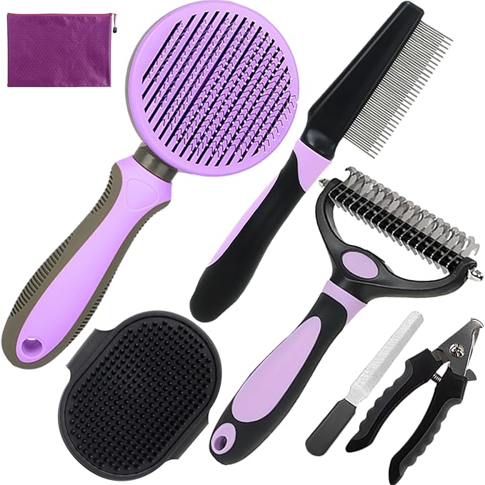 Dog Brush for Shedding, 7 PCS Dog Grooming Brush Kit Including Undercoat Rake, Slicker Brush, Dematting Comb, Nail Clipper, Bath Brush for Long & Short Haired Dogs, Cats - Purple