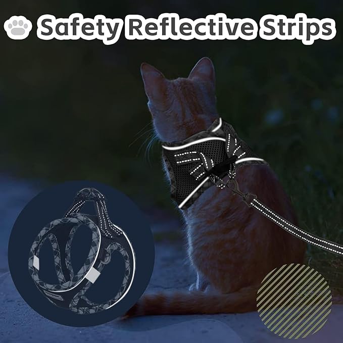 Cat Harness and Leash Set for Walking, Escape Proof Adjustable Soft Mesh Kitten Harness with Reflective Strips, Breathable No-Choke Pet Vest for Small Cats or Puppies(Black,XXS)