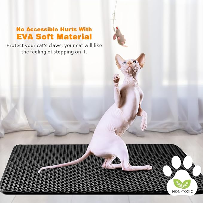 Waterproof Cat Litter Mat, Double Layer EVA, Odor-Free Large Grid, Urine Proof, Easy Cleanup (Black, 12 x 18)