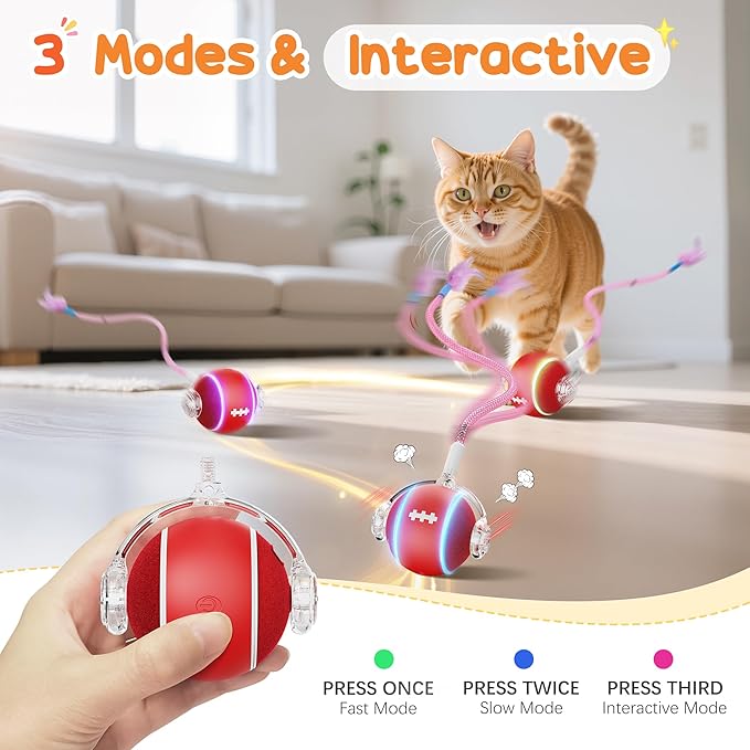 PANRIO Interactive Cat Toys for Indoor Cats,3 Modes Electric Moving Cat Ball with Feather Tail,800MAH Large Capacity & Low Noise,Automatic Kitten Toys for Bored Indoor Adult Cats