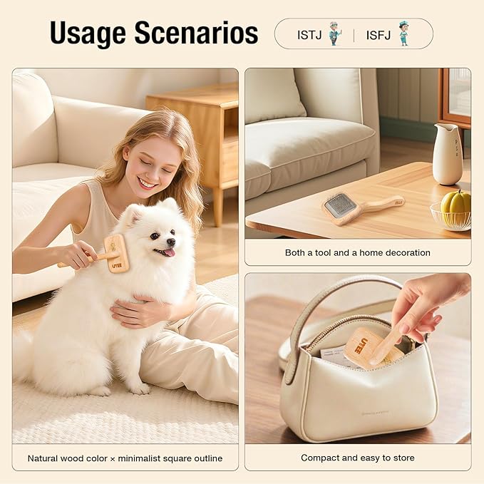 UTEE Slicker Brush for Small Dogs & Long-Haired Cats – 120° Curved Stainless Steel Pins for Gentle, Pain-Free Grooming, Soft Air Cushion & Beech Wood Handle