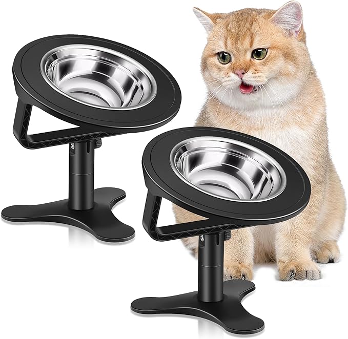 Raised Cat Bowls,Indoor Cats with Height-Adjustable Stand,Non-Slip Stainless Steel Bowls,15° Tilted Cat Food Bowls (2-Pack, Black)