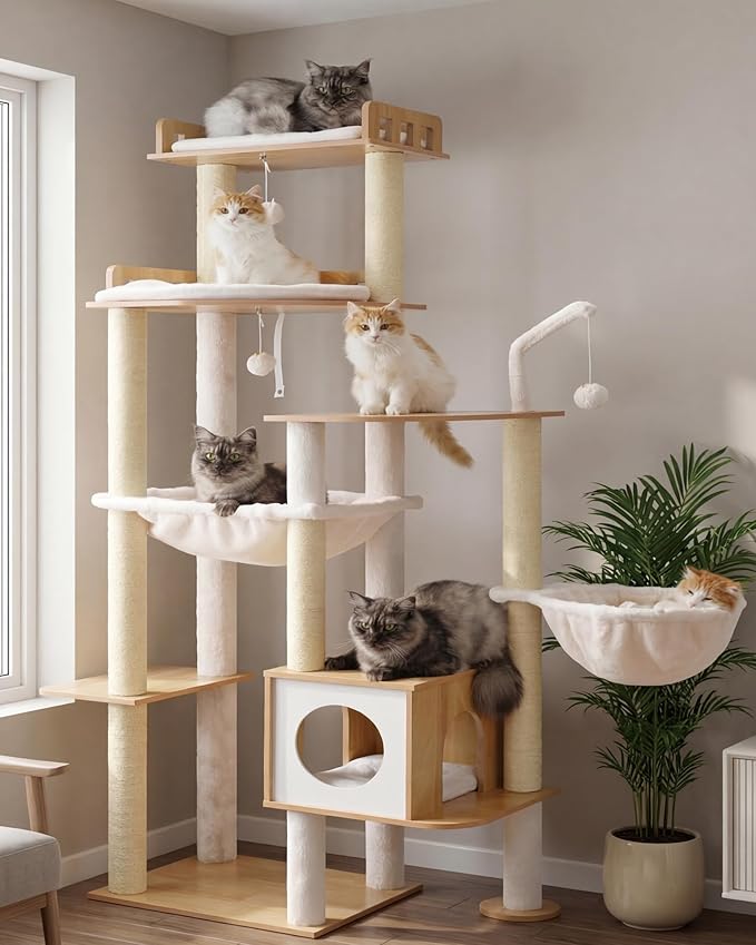Heybly Cat Tree, 70.5 Inch Wood Tall Cat Tower for Large Indoor Cats with Extra Stable Structure, Modern Cat Furniture with All-Sisal Scratching Posts, Cat Condo & Hammocks, Walnut HCT121WB