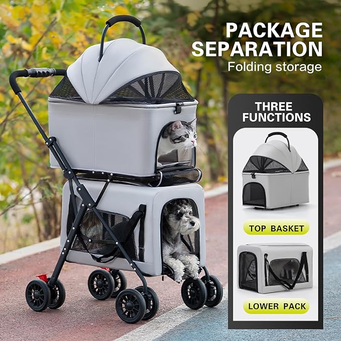 Pet Stroller Double Deck 4 Wheels Withe Rain Cover - Easy-Fold Dog Cat Stroller for Small Medium Dog Cats Carrier, Travel Folding Carrier Breathable and Visible Mesh with Cup Holder（Gray）