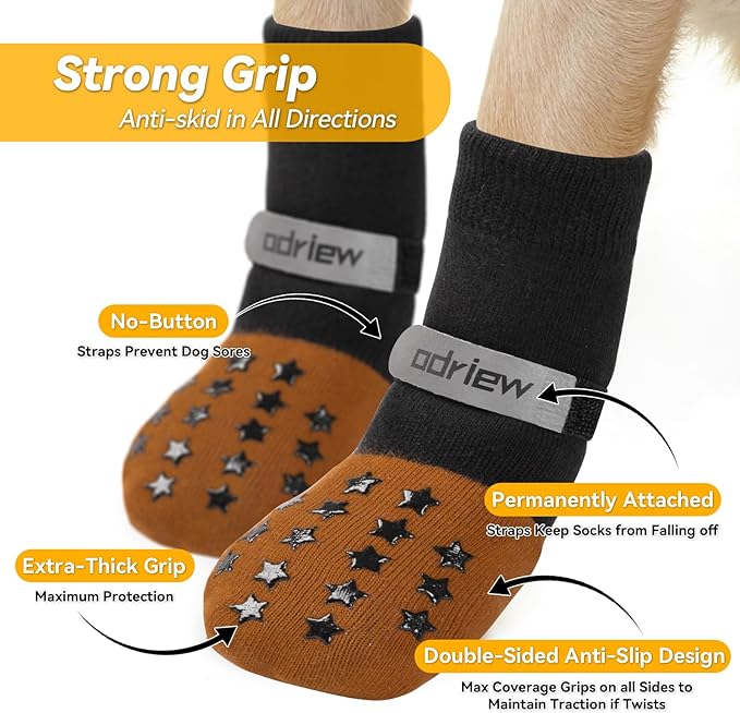 ODRIEW Non Slip Dog Socks to Prevent Licking Paws - Dog Booties for Hardwood Floors Anti Slip - Grippy Socks for Senior Dog - Double Side Paw Protector Prevent Scratching for Hot Pavement. (Khaki, XS)