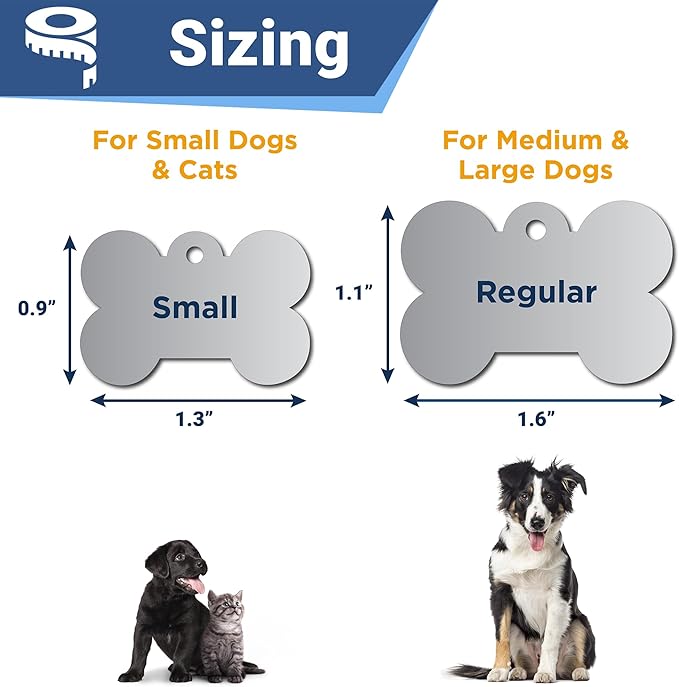 GoTags Stainless Steel Pet ID Bone Round and Heart Shaped Tags with Enamel Paw Design, Personalized Dog and Cat Tags, up to 5 Lines of Custom Text, Engraved on Both Sides (Navy Blue, Regular Bone)