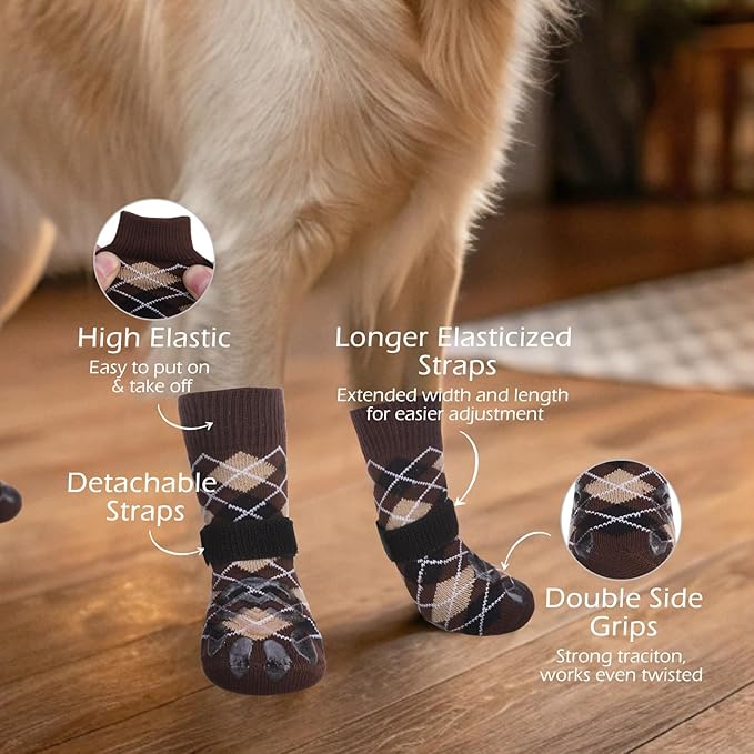 EXPAWLORER Dog Socks to Prevent Licking Paws,Dog Shoes for Hot Pavement,4 Pcs Double Sided Anti Slip Dog Socks with Grippers,Dog Booties for Small Medium Large Senior Dogs,British Style,Brown S