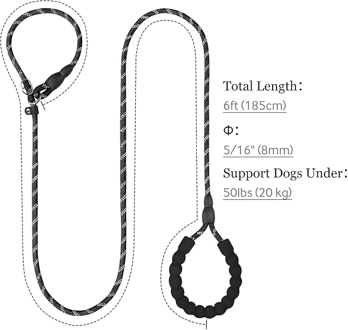 TagME Slip Leads for Dogs, 6 FT Heavy Duty Slip Leash with Padded Handle, Strong Rope No Pull Pet Training Leash for Small Dogs,Black