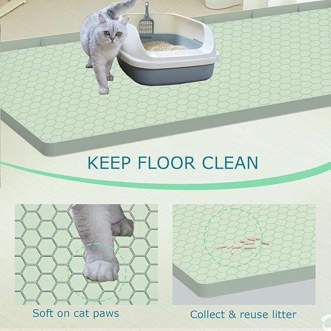 Cat Litter Mat, Silicone Large Cat Mat for Litter Box - 34x22 in, Waterproof & Non-Slip, Durable & Easy Clean, Green