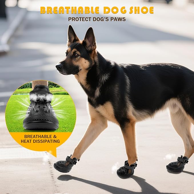 Dog Sandals, Breathable Dog Shoe for Hot Pavement, Anti-Slip & Paw Protectors Pet Shoes for Indoor/Outdoor Walking. Dog Boots for Small, Medium & Large Dogs (Black, 4PCS)