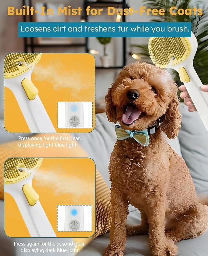 3-in-1 Anti-static Cat Steam Brush & Deshedding Tool - Cat Brush for Long/Short Hair, Reduces 95% Shedding, Easy Clean Grooming Supplies for Pet Owners (Yellow - Short Head)