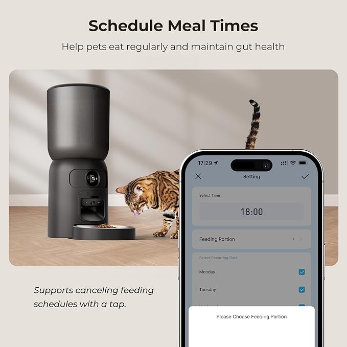 Smart Automatic Cat Feeder with Dual Camera, AI Pet Recognition, 6L Food Dispenser for Cats & Dogs, 2.4G/5G WiFi, App Control, Voice Interaction, Auto Cat Feeder with Dual Power Supply
