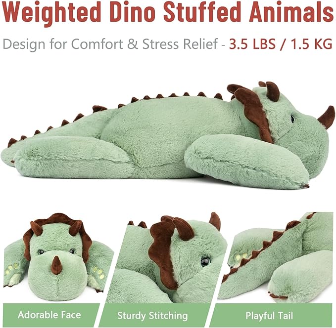 Niuniu Daddy 24" | 3.5 Pound Weighted Dinosaur Stuffed Animal, Giant Weighted Green Dino Plush Toy Body Pillow for Girl Boy Adult Kid with Soft Fur Pillowfort Stuffy for Christmas Birthday Present