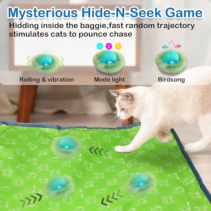 Waaiio Interactive Cat Toys for Indoor Cats,Automatic Moving Cat Ball in Pouch,Chirping Stimulation,Hide-n-Seek Chase Exercise Game,Motion Activate,Rechargeable Kitten Toys