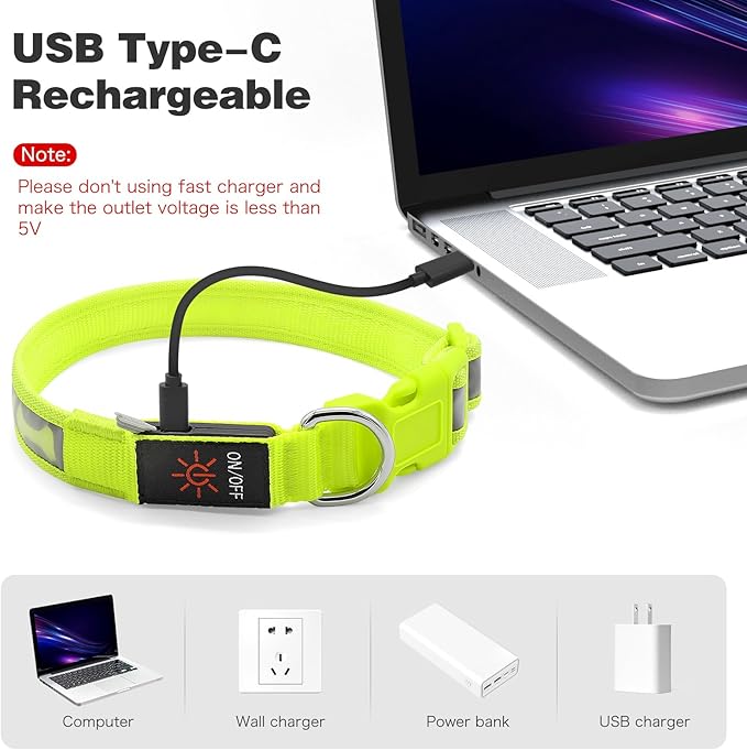 Flashseen Light Up Dog Collars, Adjustable LED Dog Collar Rechargeable, Glow in The Dark Dog Collars Super Bright Glow Collars for Night Walking for Dogs (Green, Large)