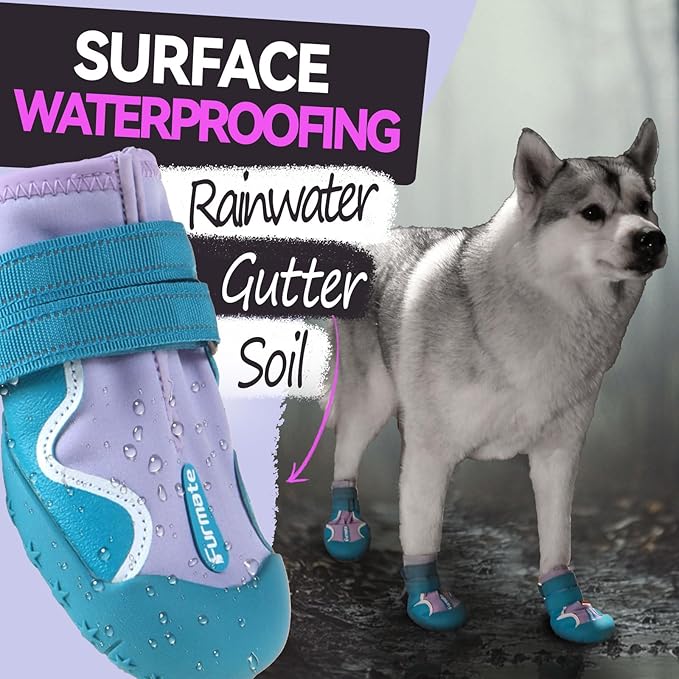 Furmate Dog Shoes for Large Small Medium Dogs,Dog Booties for Indoor Hardfloors Anti-Slip,Reflective Strip Waterproof Dog Boots & Paw Protectors for Outdoor Walking Hot Pavement,Winter Snow (Purple-3)