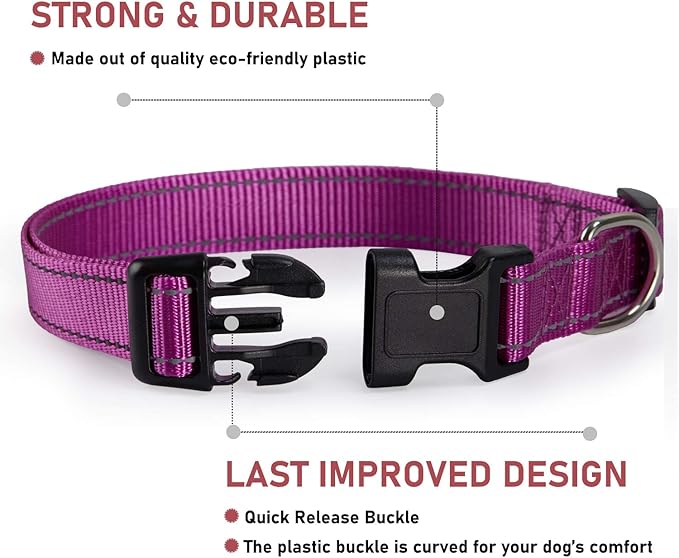 Reflective Dog Collar with Buckle Adjustable Safety Nylon Collars for Small Medium Large Dogs, Purple XXS