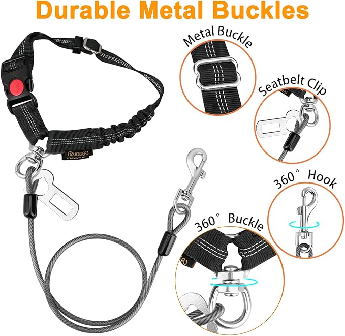 Chew Proof Dog Car Seat Belt, 2 in 1 Steel Cable Dog Car Accessories Headrest Restraint Dogs Car Seatbelt for Medium Large Dogs Chewer Heavy Duty Dog Seatbelts for Cars Swivel Attach