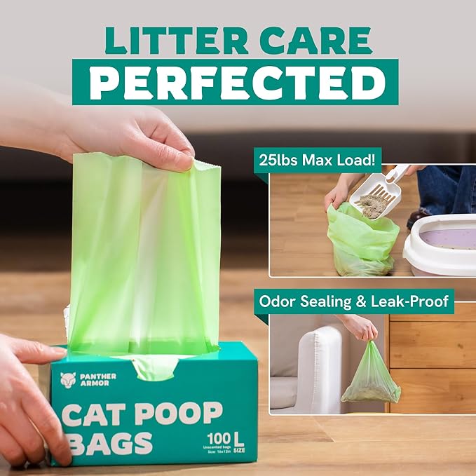 Panther Armor Compostable Cat Litter Bags for Poop - 100x Unscented Pet Waste, 13x9in Leak Proof Kitty Litter Disposal - Odor Proof, Easy Open Dispenser Box of Cat Poop
