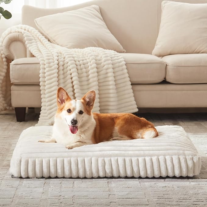 XL Dog Bed, Flat Pet Beds with Removable Washable Cover, Pet Mat Cute Dog Crate Bed Thick Shredded Chopped Crate Foam & Anti Slip Bottom for Indoor, 42"x27"x4" Cream