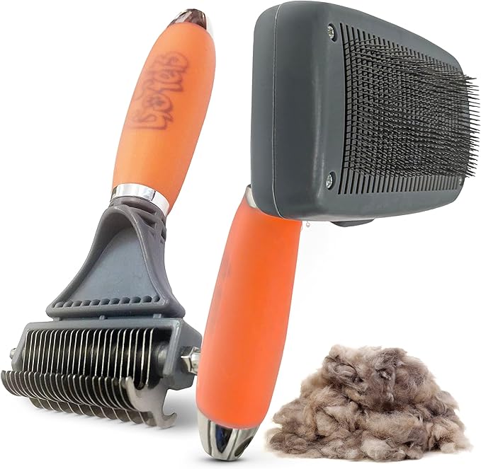 GoPets Pet Grooming Kit Bundle With 2 Sided Dematting Comb and Deshedding Rake + Professional Self-Cleaning Slicker Brush for Dogs and Cats