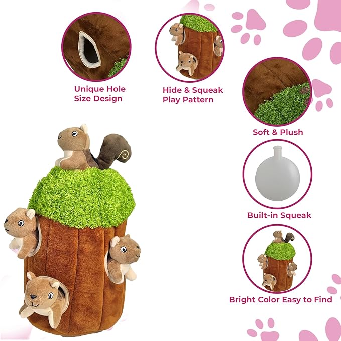 Glow Pups Hide and Seek Dog Toy Squirrel in Tree Trunk, Plush Interactive Burrow Dog Toy with Squeaker, Promotes Mental Stimulation, Easy to Clean, Woodland Style, Large (Brown)
