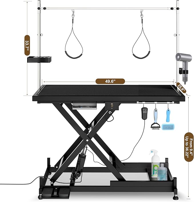 SoarFlash 49.6” Electric Lift Pet Dog Grooming Table,Heavy Duty Electric Grooming Table for Dogs&Cats,Heavy Duty Height Adjustable with Overhead Arm, Clamps, Two Grooming Noose