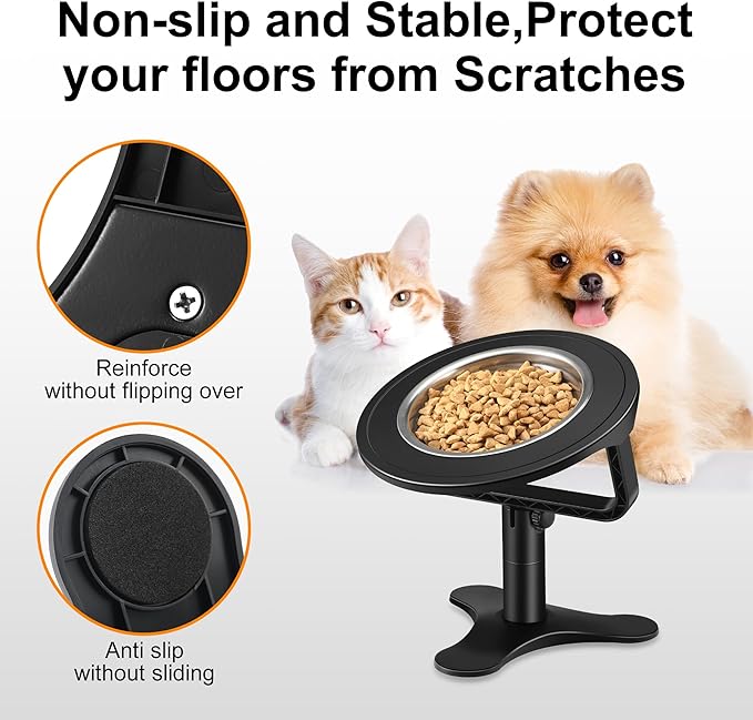 Raised Cat Bowls,Indoor Cats with Height-Adjustable Stand,Non-Slip Stainless Steel Bowls,15° Tilted Cat Food Bowls (2-Pack, Black)