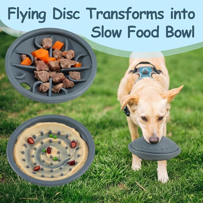 2-in-1 Dog Slow Feeder & Flying Disc, Silicone Puzzle Toy Interactive Treat Dispenser for Large Medium Breeds