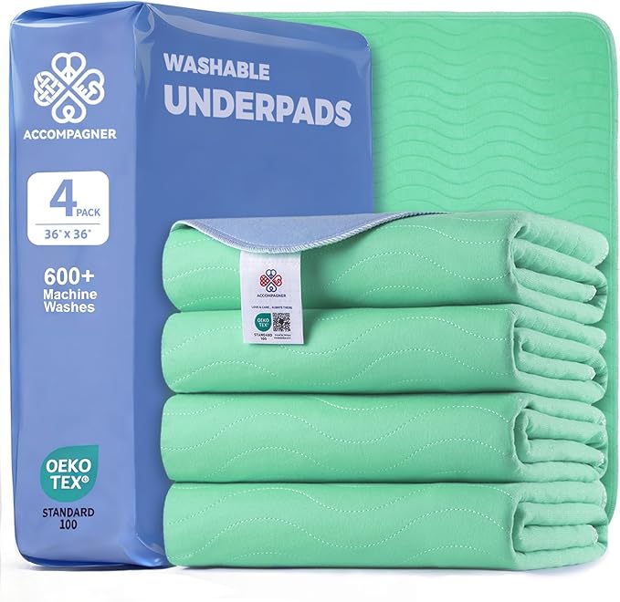 Accompagner Waterproof Reusable for Adults and Pets Washable Pee Pads for Dogs Changing Pad Large Dog Bed Size Adults Incontinence Bed Pads - Non-Slip Leak-Proof (Green, 36"x36"(Pack of 4))