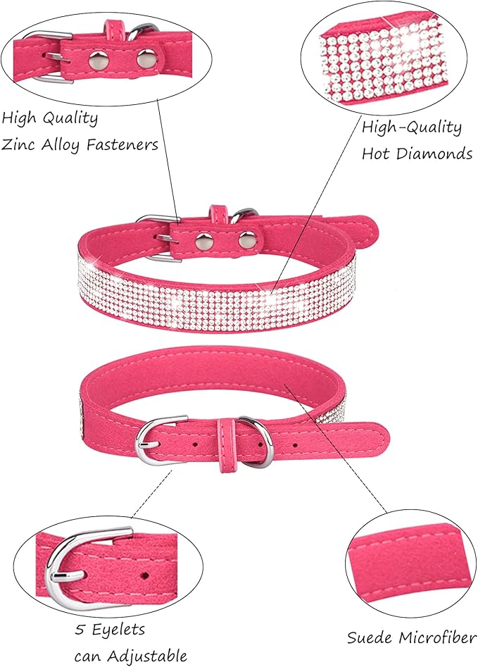 Dog Collar for Large Dogs, Adjustable Leather Suede Bling Dog Collars，Rose Red Dog Collar Cat Collar, Rhinestone Dog Collar