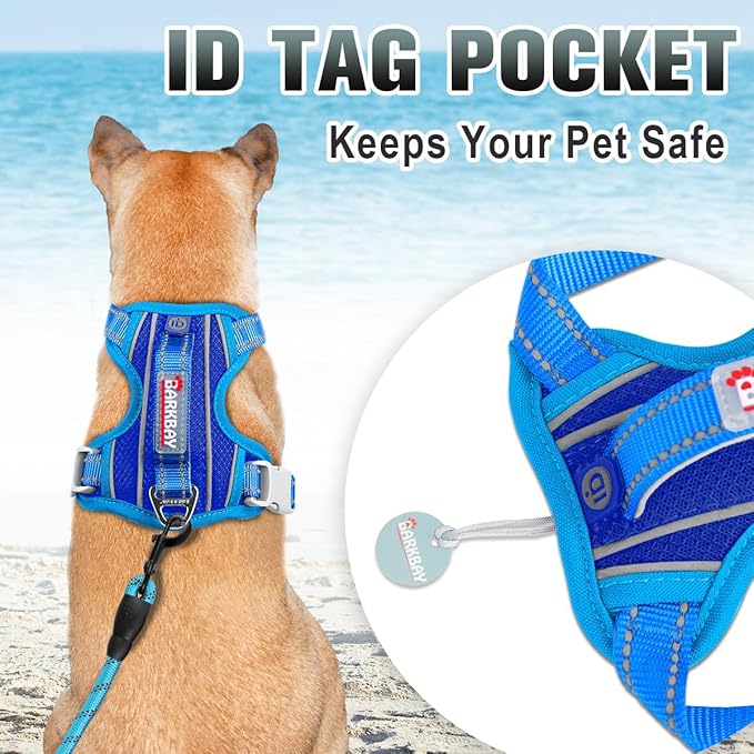 BARKBAY No Pull Dog Harness Large Reflective Dog Harness with Front Clip and Easy Control Handle for Walking Training Running with ID tag Pocket(Sapphire Blue & Blue,M)