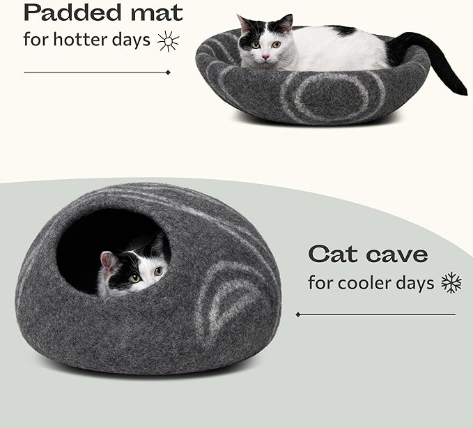 MEOWFIA Cat Cave – Premium Felt Cat Bed for Indoor Cats, Handmade 100% Merino Wool, Cat (Medium, Dark Grey)