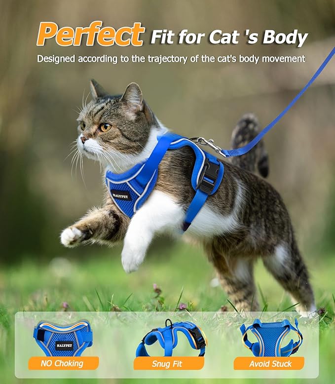 Halypet Cat Harness and Leash Set [MAX Safety 4th-Gen Upgrade] Escape Proof Adjustable Cat Leash Comfortable Soft Vest Easy to Wear Kitten Harness with Reflective Strip for Cats Walking, S Blue