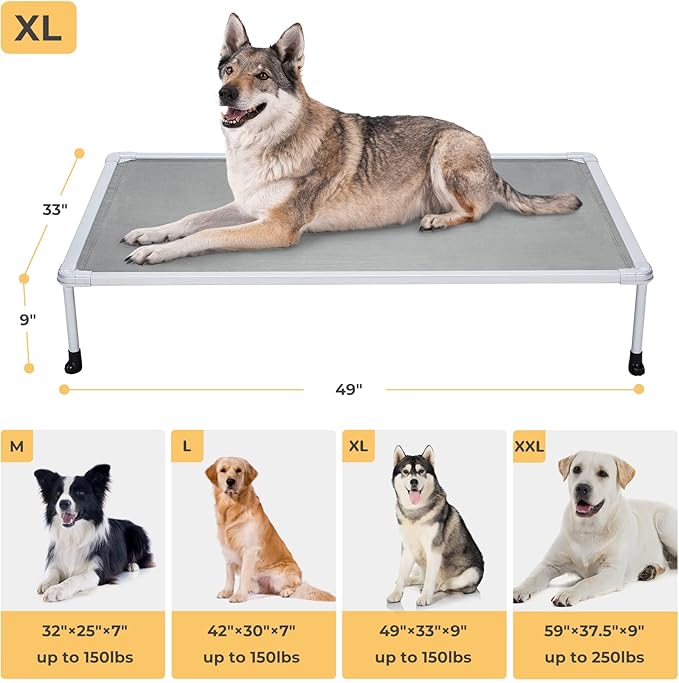 Veehoo Chewproof Elevated Dog Bed - Cooling Raised Pet Cot, Breathable Mesh, Washable & Non-Slip for Large Dogs, Indoor/Outdoor, Grey Mat and Silver Metal Frame, 49x33inches (Model CWC2203B03)