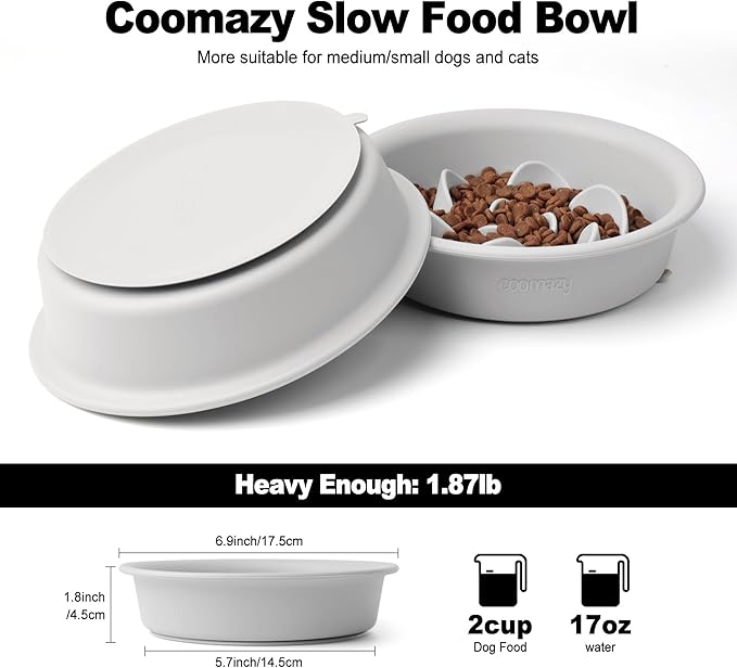 Coomazy Silicone Slow Feeder Dog Cat Bowls, Interactive Puzzle Toy for Pets Food Training, Keeps Dogs Cats Busy, Prevents Puppy Kitty Overeating (Smoky Gray, 2 Cup)