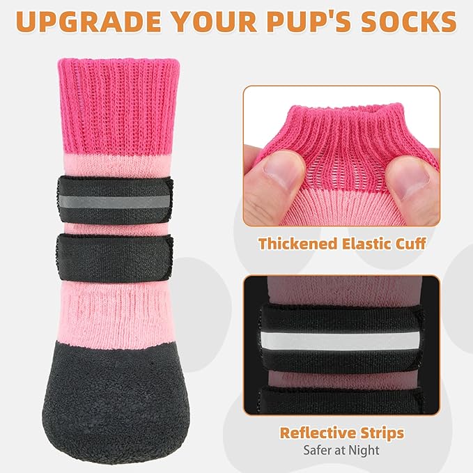 KOOLTAIL Anti Slip Winter Dog Socks to Prevent Licking Paws, Waterproof Snow Rain Long Dog Boots&Paw Protector, Warm Grippy Booties Reflective Double Straps for Hardwood Floor, Small Medium Large Dogs